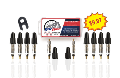 RocRide® 10 Pack Presta Valve Cores and Caps with Removable Core Tool.